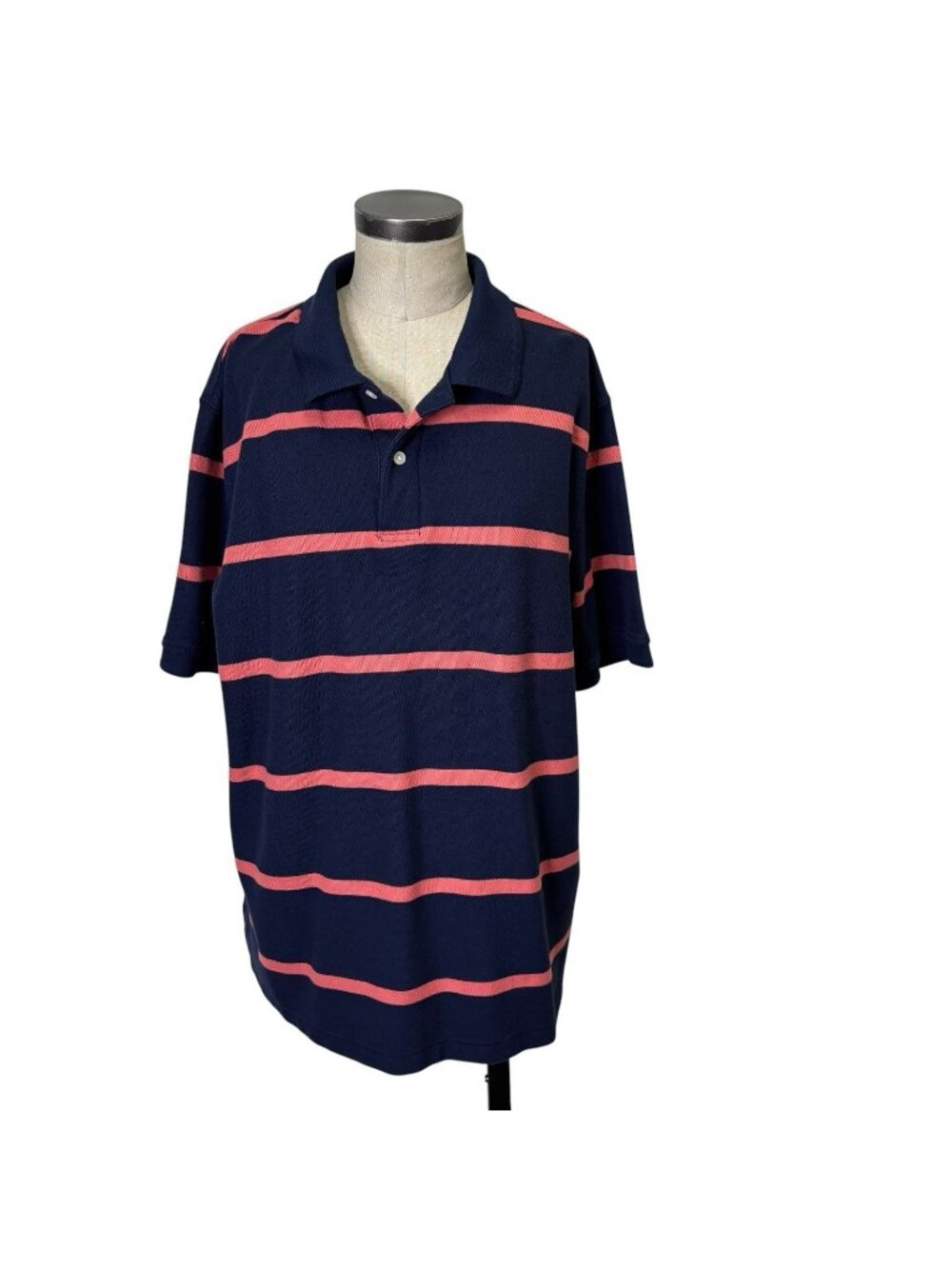 LL Bean Mens Traditional Fit Polo Shirt XL Reg Navy Blue Pink Stripe 300456